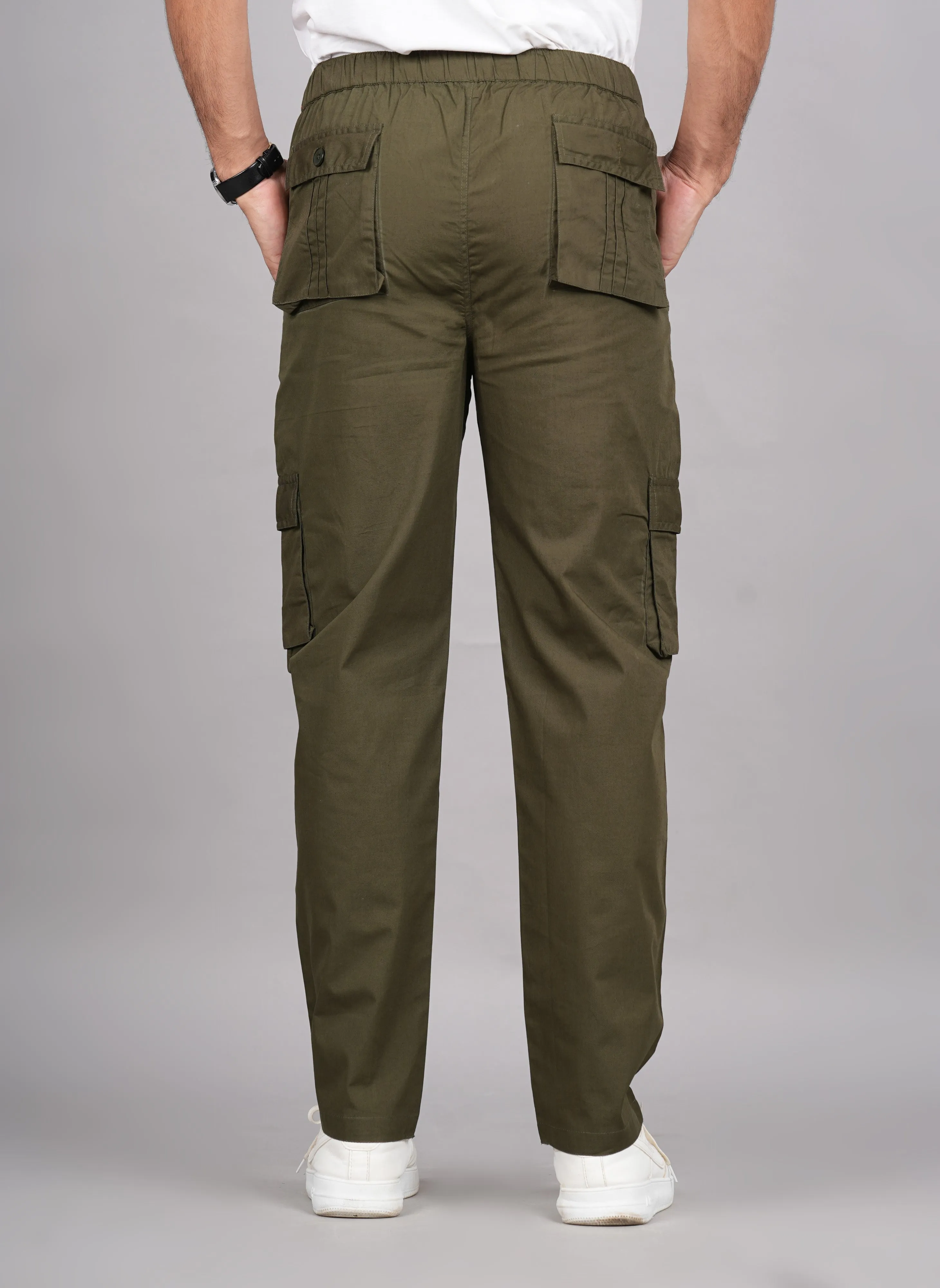 Men's Cotton Green Slim Fit Solid Cargos, Casual Trousers With Cargo Pockets (Green) - House Of Rp