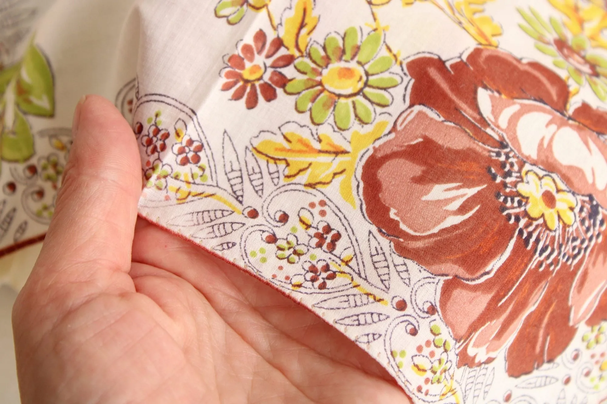 Vintage Brown Poppy Flower Print Cotton Hanky